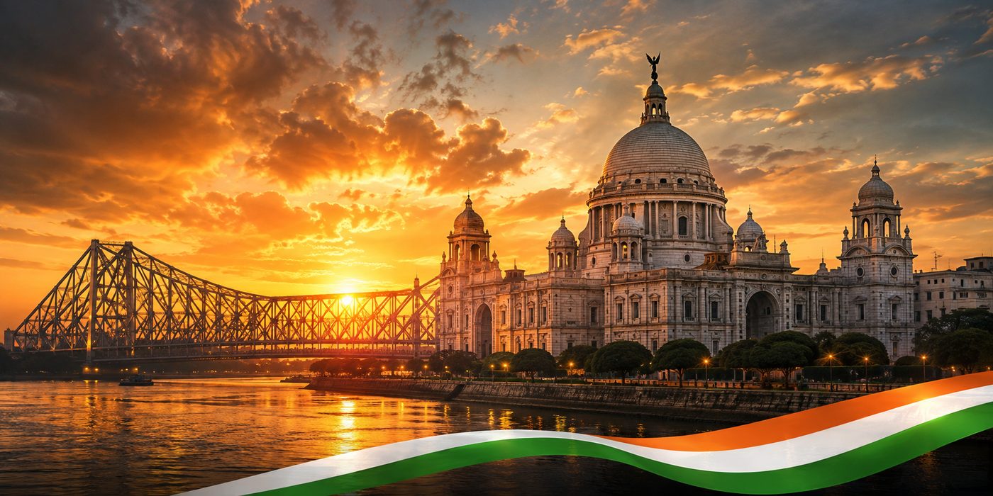 Kolkata skyline at sunset — Howrah Bridge and Victoria Memorial with the Indian tricolour